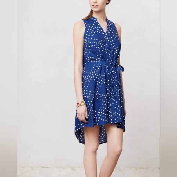 Anthropologie Porridge Dress Tunic Blue White Polka Dot Sleeveless Button Sz 0 - Picture 1 of 11